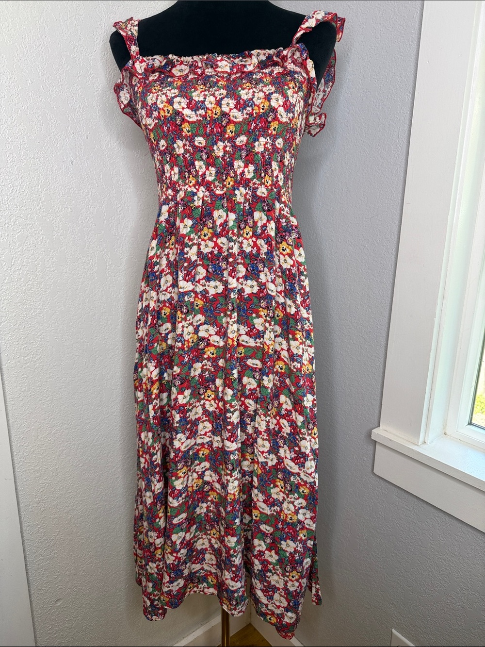Natural Life Floral Smocked Dress Ruffle Straps Red Rayon Size Med Cottagecore
